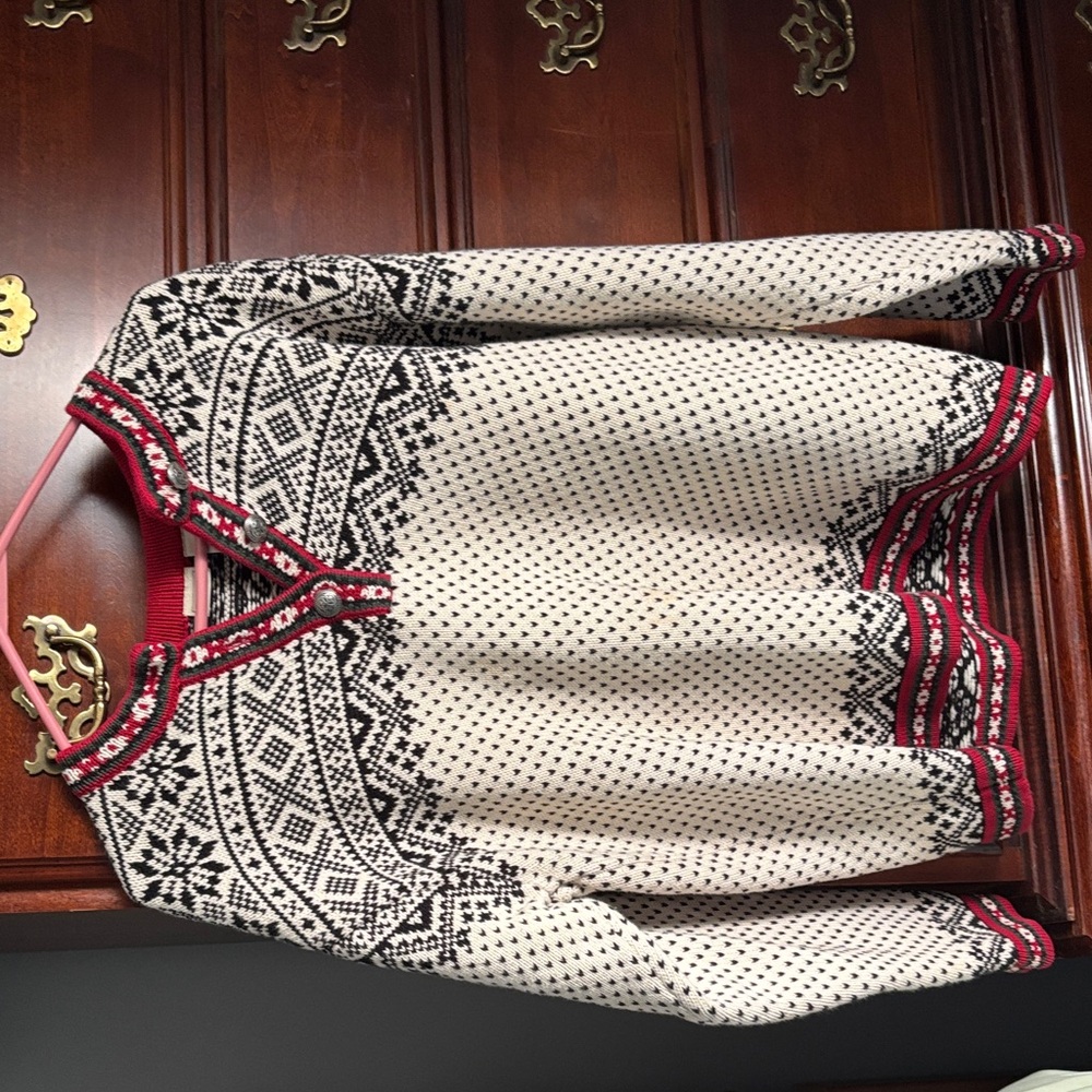 L.L. Bean Cream and Black Nordic Sweater with Red Accents